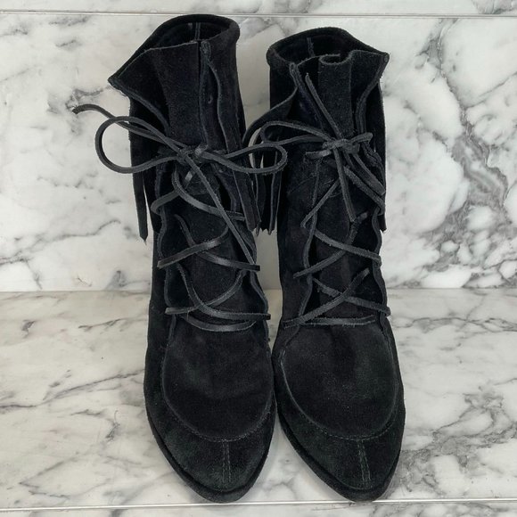 GIUSEPPE ZANOTI x BALMAIN Black Suede Fringe Lace-Up Ankle Heel Booties - Picture 3 of 10